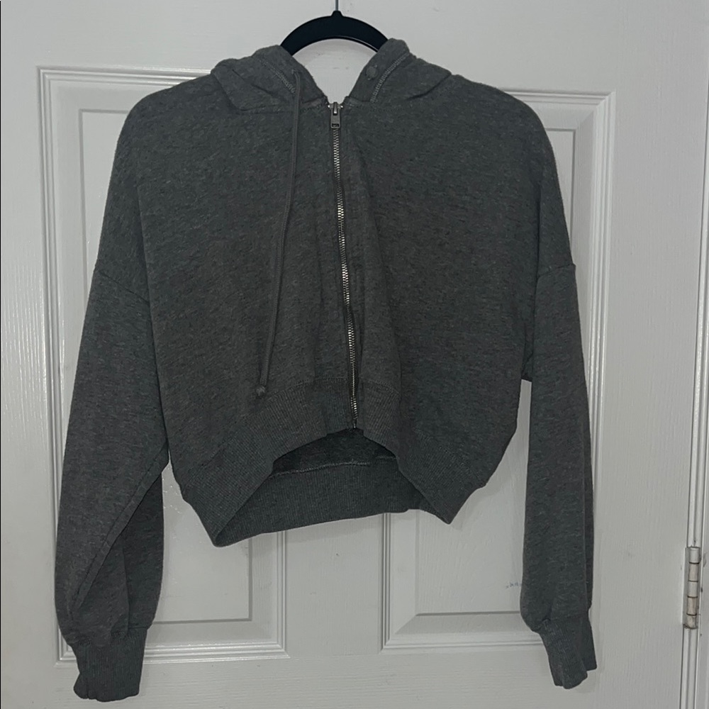 Hollister Gray Cropped Sweater with Hood and Zipper